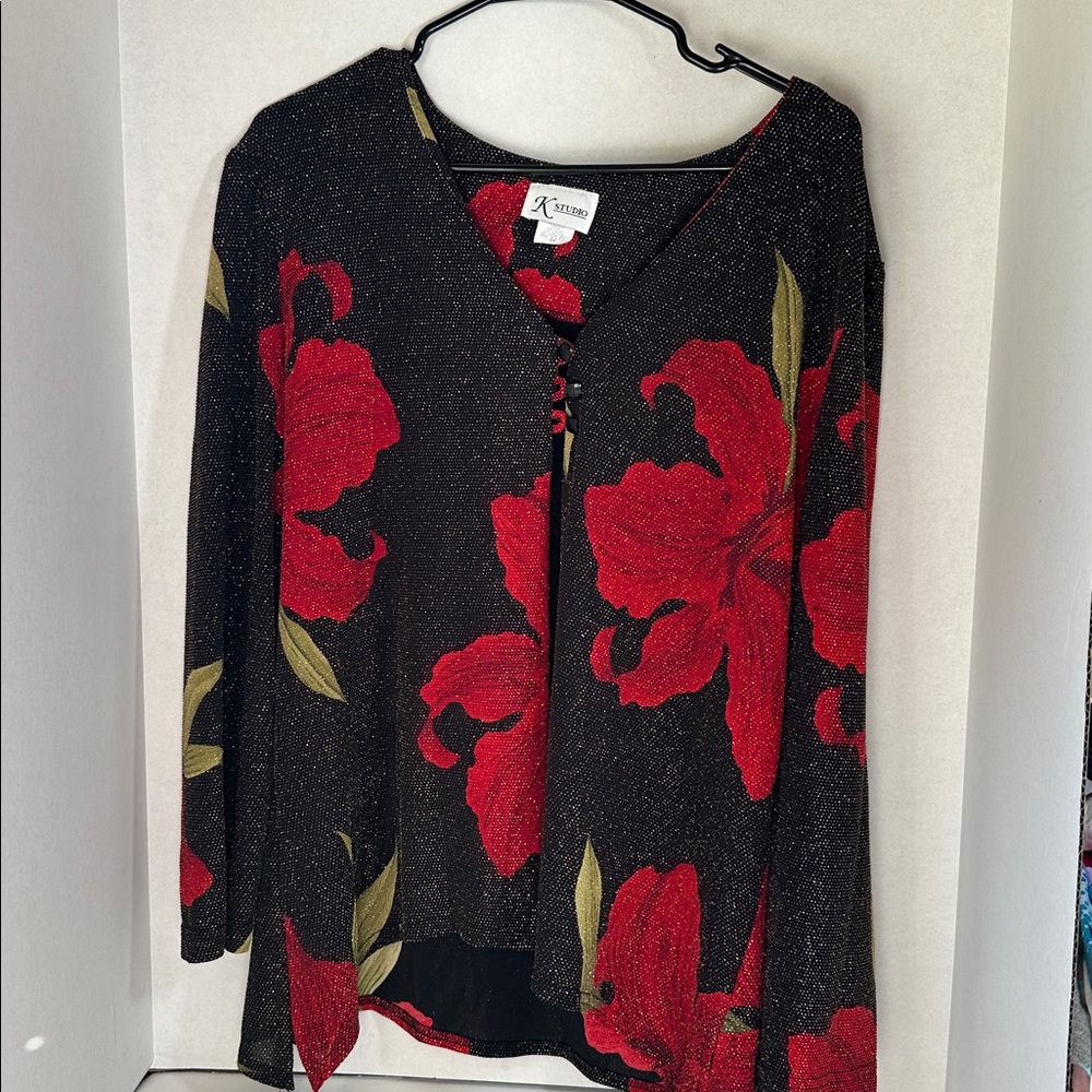 Vintage k studio floral black and red metallic jacket size 16